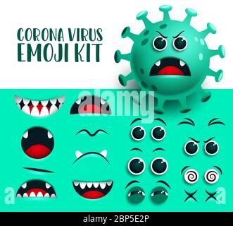 Corona Virus Emoji Kit Vektor-Set. Covid19 grün ncov Virus Emoticon und Symbol Augen und Mund editierbar Kit mit wütenden Gesichtsausdruck für Keime. Stock Vektor