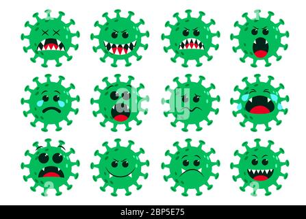 Covid19 Coronavirus Symbol grüner Vektor gesetzt. Corona Virus covid-19 Cartoon Emoji und Emoticon mit traurigen, gruselig und weinen Mimik isoliert. Stock Vektor