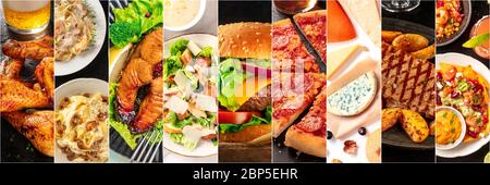 Food Collage Panorama, Design Vorlage. Verschiedene leckere Gerichte, darunter ein Burger, eine Pizza, Meeresfrüchte Pasta, Rindfleisch Steak. Ein Restaurant Menü Abdeckung Stockfoto