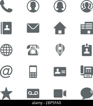 Symbole für Kontaktsymbole und Kontaktsymbole. Symbol auf weißem Hintergrund gesetzt. Telefon, Smartphone, E-Mail, Standort, Haus, Globus, Adresse, Chat. Stock Vektor