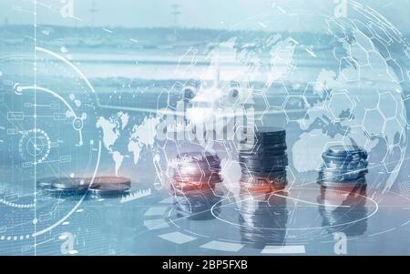 Business Finance Konzept Double Exposure Trading Stock Control Panel Strategie Marketing. Stockfoto