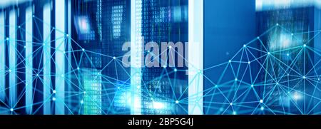 Blue Universal Telecommunication globale Netzstruktur und Netzwerkkonzept auf Panorama-Server-Hintergrund. Stockfoto