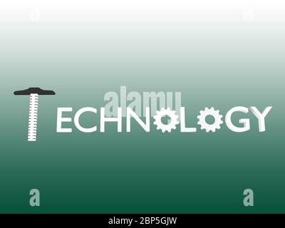 3D-Illustration von Buchstaben, die das Wort TECHNOLOGIE, isoliert über grünen Gradienten. Stockfoto
