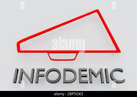 3D-Darstellung des INFODEMIC-Titels unter einer Lautsprechersilhoulette, isoliert auf grauem Hintergrund. Stockfoto