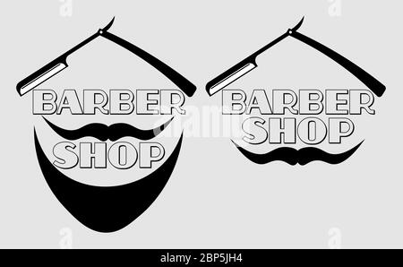Schwarzes minimalistisches Barber Shop Logo mit Rasiermesser und Schnurrbart aus Buchstaben Stock Vektor