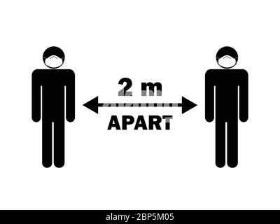 Soziale Distanz zwei 2 Meter von anderen entfernt. Schwarz-weiße Stabfiguren mit Gesichtsmaske. Richtlinie zur Pandemie Covid-19. EPS-Vektor Stock Vektor