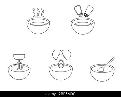 Schale Küche Umriss Set. Verschiedene Schalen Darstellung heiße Suppe Salz Pfeffer würzen Mischen Schneebesen Ei knacken und rühren. Expandierte schwarz-weiße EPS Stock Vektor