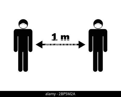 Soziale Distanz einen Meter von anderen entfernt. Schwarz-Weiß-Zeichen Illustration Piktogramm EPS Vektor Stock Vektor