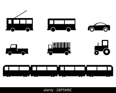 Landtransport Fahrzeuge Set. Ein Satz von verschiedenen Bodenfahrzeugen. Bus Tramp Auto LKW LKW Traktor Zug. Schwarz-weiß EPS-Vektor Stock Vektor