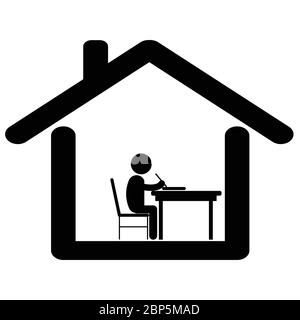 Studieren Sie Arbeit von zu Hause aus. Piktogramm Darstellung Student Junge studieren Schreiben zu Hause. Sperrung aufgrund der Covid-19-Pandemie. Schwarz-weiß EPS-Vektor Stock Vektor