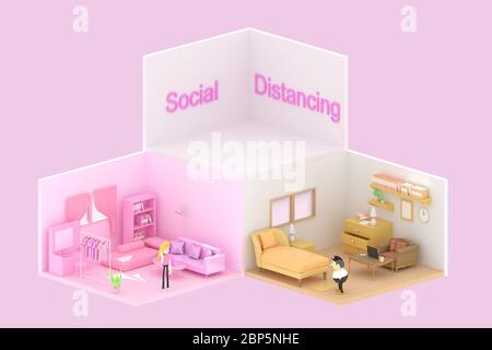 3d-Illustratorin von Frauen und Männern lebt in ihren eigenen Räumen. Stockfoto