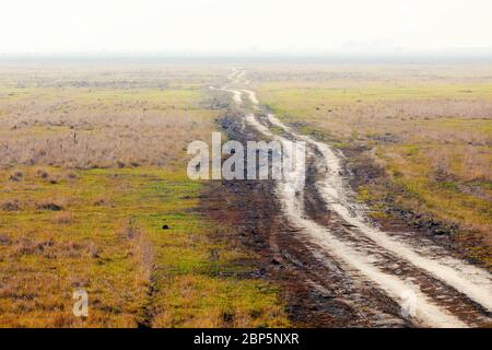 Schlammige Landstraße ins nichts in nebligen Morgen im Hortobagy Nationalpark, Ungarn, puszta ist berühmt Ökosysteme in Europa und UNESCO-Weltkulturerbe Si Stockfoto