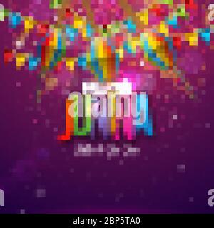 Festa Junina Illustration mit Partyfahnen, Papierlaterne und buntem Brief auf glänzendem Hintergrund. Vector Brasilien Juni Festival Design für Gruß Stock Vektor