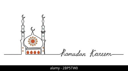 Ramadan Kareem Vektor Einfache minimale Hintergrund mit Moschee, Mandala und Schriftzug Ramadan Kareem.eine kontinuierliche Linienzeichnung Stock Vektor