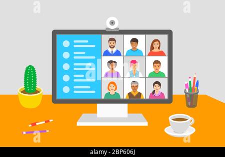 Telekonferenz-Konzept. Abbildung flacher Vektorgrafiken. Gruppe junger Menschen chatten per Videoanruf. Die Mitarbeiter bleiben zu Hause und kommunizieren online per Computer. Stock Vektor