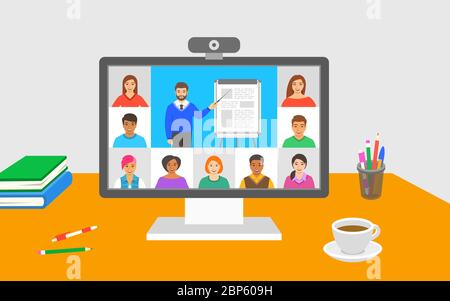 Online-Schulung virtuelle Telefonkonferenz. Junge Schüler bleiben zu Hause und sehen sich Videounterricht von der Lehrerin an. Fernschulung während Coronavirus l Stock Vektor