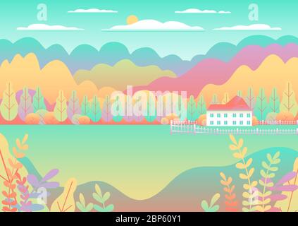 Hügel und Berglandschaft. Haus Bauernhof in flachem Stil Design. Outdoor Panorama Landschaft Illustration. Feld, Baum, Wald, blauer Himmel und Sonne. Rura Stock Vektor