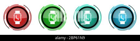Smartwatch rund glänzende Vektor-Icons, Telefonanruf Satz von Tasten für webdesign, Internet und Handy-Anwendungen in vier Farben Optionen isoliert Stock Vektor