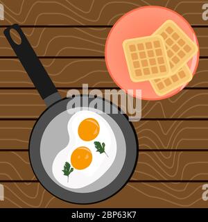 Rührei zum Frühstück und belgische Waffeln auf einem Holztisch Stock Vektor
