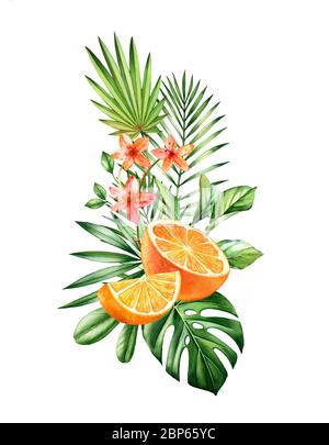 Aquarell orange Früchte. Vertikales Bouquet mit saftigen Früchten, tropischen Blüten und Palmenblättern. Botanische handgezeichnete Illustration für Karten, Druck Stockfoto