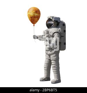 astronaut mit Planet Venus Ballon isoliert auf weißem Hintergrund Stockfoto