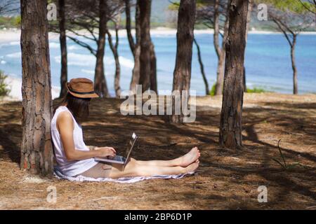 Freiberufliche Frau im Urlaub auf dem Laptop sitzt in einem Pinienwald am Meer, smart Arbeits Lifestyle-Konzept Thema und Lebenswahl Stockfoto