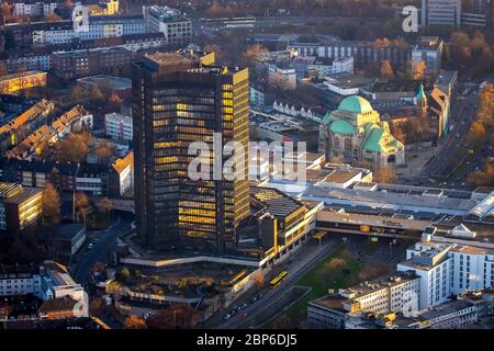 Luftaufnahme, Innenansicht, Essener Rathaus, Porscheplatz, Alte Synagoge, Edmund-Körner-Platz, Altkatholische Friedenskirche Essen, Bernestraße, Essen, Ruhrgebiet, Nordrhein-Westfalen, Deutschland Stockfoto