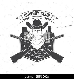 Cowboy Club-Abzeichen. Ranch Rodeo. Vektorgrafik. Konzept für Hemd, Logo, Druck, Stempel, T-Shirt mit Cowboy und Schrotflinte. Vintage Typografie Design mit wildem Westen und westlichen Gewehr Silhouette. Stock Vektor