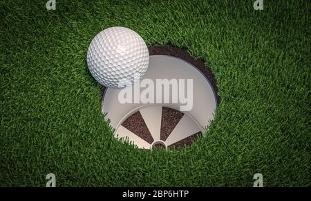 Golfball im Begriff, in das Loch fallen. Sport und Sieg Konzept. 3d-Rendering. Niemand da. Stockfoto