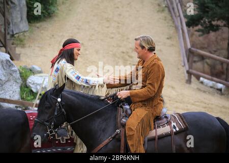 Alexander Klaws (Winnetou),Sascha Gluth (Alte Shatterhand),Presseinleitung zur neuen Saison des Kayl May Festivals unter Geiern - der Sohn des Baehrenjaeger,Bad Segeberg,21.06.2019 Stockfoto