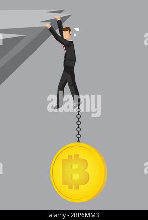 Illustration eines Geschäftsmannes, der mit Bitcoin auf einer Klippe niederzieht. Geschäftskonzept des Abfalls von Kryptowährungen. Stock Vektor