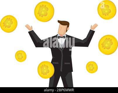 Glücklicher Geschäftsmann, der ein Vermögen von Bitcoin verdient. Vektor-Geschäftskonzept Illustration. Stock Vektor