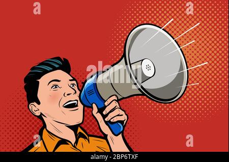 Mann, der im Megaphon spricht. Retro Comic Pop Art Vektor Illustration Stock Vektor