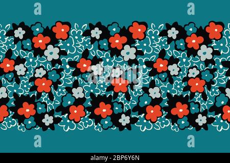 Bunte Hand gezeichnet künstlerische naive Gänseblümchen-Blumen Umrisse auf Aqua Hintergrund Vektor Nahtloses Muster Grenze Stock Vektor