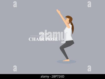 Vektor-Illustration von sportlichen Frauen balancieren auf gebeugten Knien mit ausgestreckten Armen in Yoga-Stuhl Pose isoliert auf schlichten grauen Hintergrund Stock Vektor