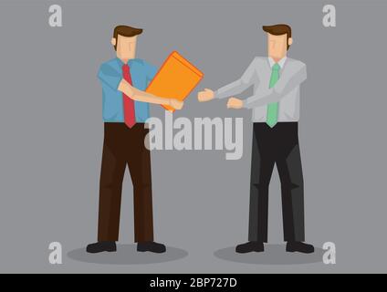 Ein Business-Experte übergibt die Dokumentdatei an einen Kollegen. Vektor-Cartoon-Illustration für die Geschäftssituation isoliert auf grauem Hintergrund. Stock Vektor