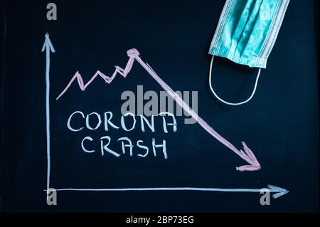 CORONA CRASH, weißer Text mit Kreide auf schwarzem Schulbrett geschrieben, zeigt Grafik Rückgang der Wirtschaft, Zusammenbruch des Finanzmarktes. Schwarzer Bearbeitungsbereich Stockfoto