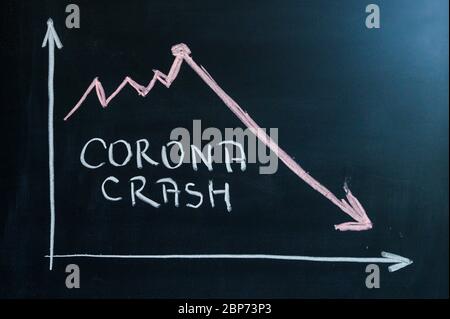 CORONA CRASH, weißer Text mit Kreide auf schwarzem Schulbrett geschrieben, zeigt Grafik Rückgang der Wirtschaft, Zusammenbruch des Finanzmarktes. Schwarzer Bearbeitungsbereich Stockfoto