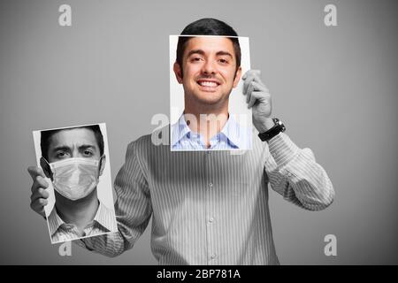 Porträt eines Mannes, der seine Stimmung vor und nach der Quarantäne des Coronavirus ändert Stockfoto