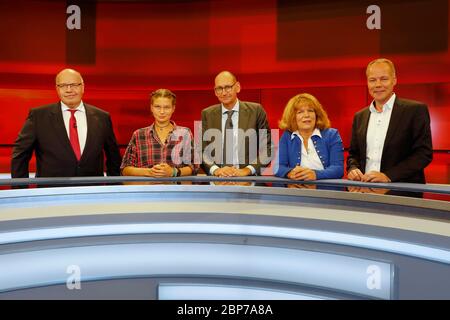 Peter Altmaier,CDU,Bundeswirtschaftsministerin,Leonie Bremer,Daniel Stelter,Petra Pinzler,Matthias Miersch,SPD,Hart but Fair,WDR Fernsehstudio B,Köln,17.09.2019 Stockfoto