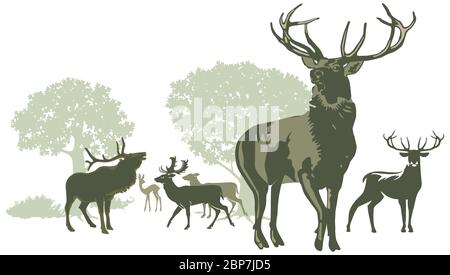 Hirsch-Pack mit Geweih Silhouetten - Illustration Stock Vektor