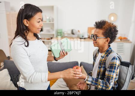 Seitenansicht Porträt der jungen afroamerikanischen Frau geben Apfel Sohn, während er in die Schule Stockfoto