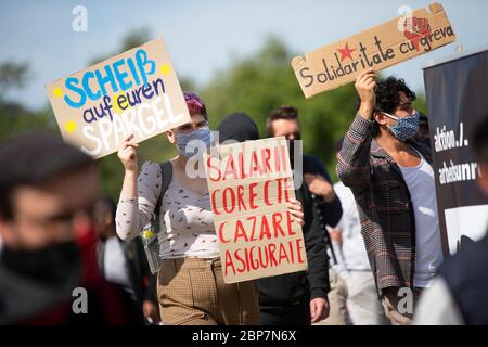 Bornheim, Deutschland. Mai 2020. Erntemaschinen von der Spargelfarm Ritter und Anhänger verschiedener Gruppen protestieren gegen Missbrauch, schlechte Bezahlung und die Bedingungen in der Unterkunft. Erntehelfer eines Spargelbauernhofs im Rhein-Sieg-Kreis protestieren seit letzter Woche und haben vorübergehend ihre Arbeit eingestellt. Kredit: Thomas Banneyer/dpa/Alamy Live News Stockfoto