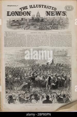 The Illustrated London News, 8. juli 1865. Schlagzeile ist Auflösung des Parlaments. Im Bild zeigt König Georg 1 an der Themse mit Händel's Stockfoto