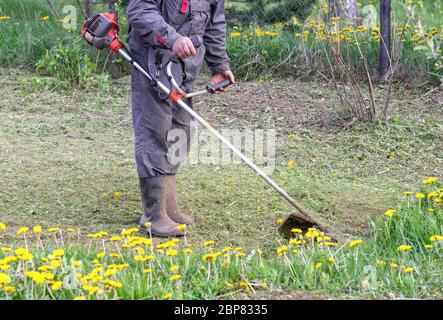 Bauer mäht Gras im Frühlingsgarten. Das Konzept der Pflege für eine persönliche Handlung. Arbeiten Sie mit einem Gartenschneider. Stockfoto