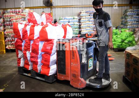 Jakarta, Indonesien. Mai 2020. Ein Arbeiter transportiert Pakete mit Lebensmitteln für bedürftige Familien in einem Lager in Jakarta, Indonesien, 18. Mai 2020. Indonesische Beamte haben geschworen, im Zuge des Ausbruchs der COVID-19 und der anhaltenden Trockenzeit eine ausreichende Nahrungsmittelversorgung für die Menschen im ganzen Land sicherzustellen. Kredit: Zulkarnain/Xinhua/Alamy Live News Stockfoto
