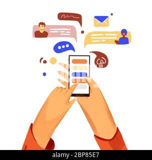 Hand mit Telefon Vektor Cartoon Illustration. Smartphone mit Messenger, Online-Chat, Like und soziales Engagement, isoliert auf weißem Hintergrund Stock Vektor