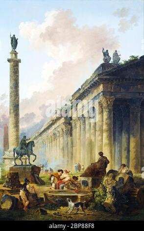 Imaginärer Blick auf Rom mit der Reiterstatue von Marcus Aurel, der Trajanssäule und einem Tempel, Landschaftsgemälde von Hubert Robert, 1786 Stockfoto