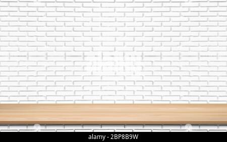 Leeres Holzbrett Regal auf weißem Ziegelstein Wandmuster Hintergrund. Design für Produktdisplay, Mockup, Werbung, Banner oder Montage Stockfoto