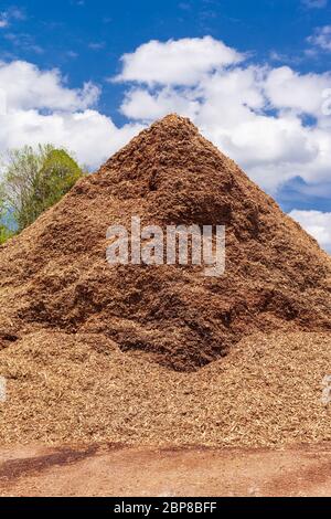 Berg von Holzabfällen und Schrott, nicht komprimiert in Form von unregelmäßig zerkleinerten, getrockneten, dunkleren und helleren Rinde und Baumstücken. Stockfoto